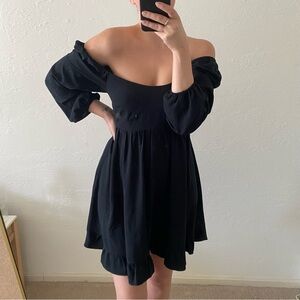 Abercrombie & Fitch Black Off-Shoulder Mini Dress with Puff Sleeves